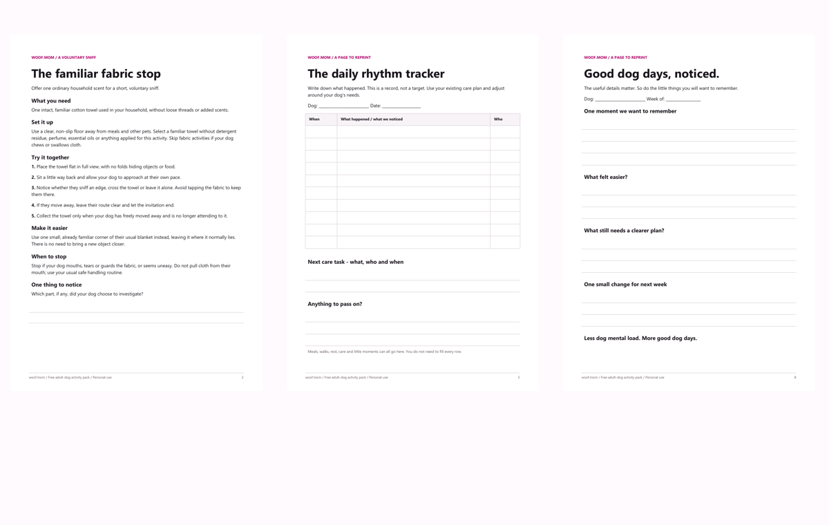 Preview of an activity page, daily rhythm tracker and weekly reflection in the free adult-dog pack