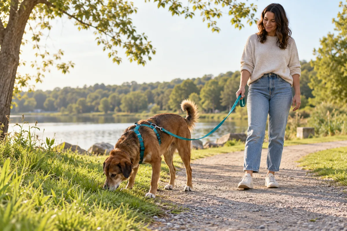 A brown dog in a teal harness sniffs beside a park path while its caregiver holds the leash.