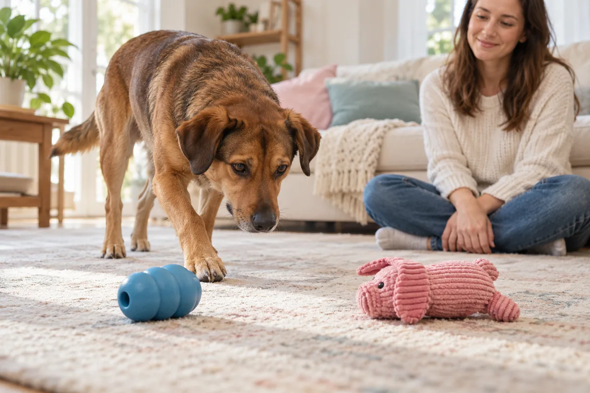 A brown dog approaches two familiar toys on a rug while a caregiver sits nearby.