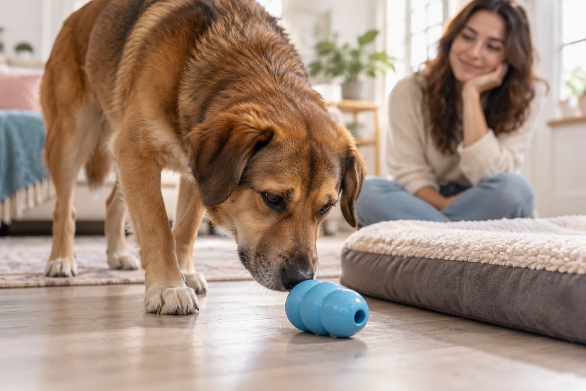 A brown dog investigates a blue rubber toy beside an open dog bed.