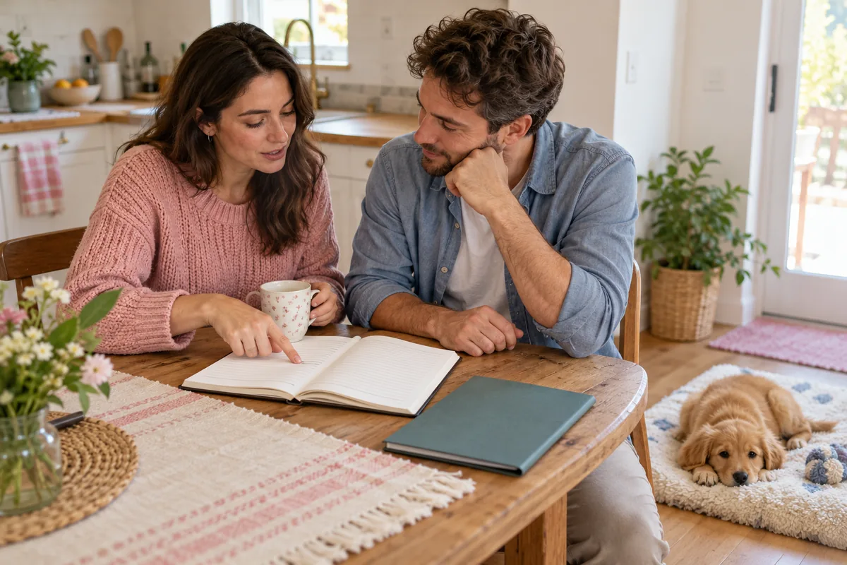 Two caregivers review an open notebook at a kitchen table while a puppy rests nearby.