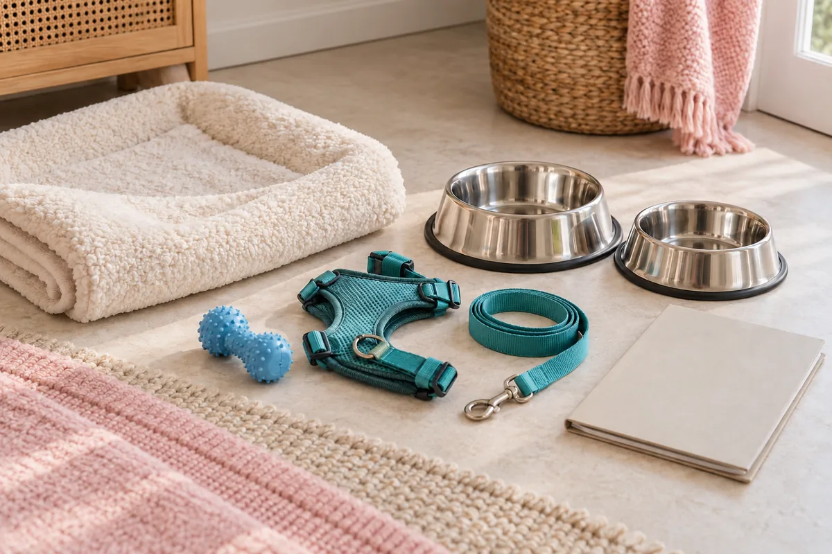 Puppy supplies arranged together: bowls, a bed, a blue toy, a teal harness and leash, and a plain folder.