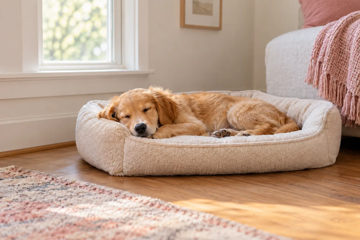 A golden puppy sleeps in an open cream bed in a quiet corner by a window.