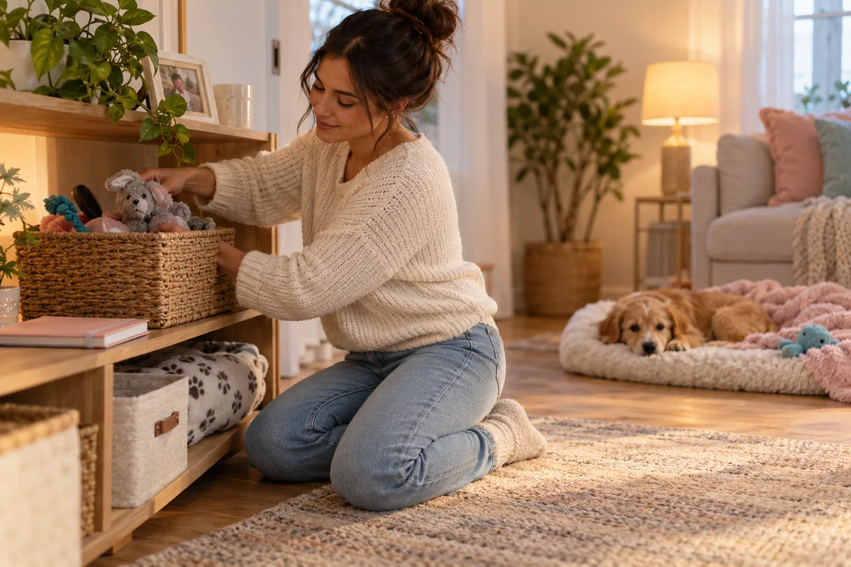 A caregiver organizes dog supplies in a basket while a puppy rests nearby.