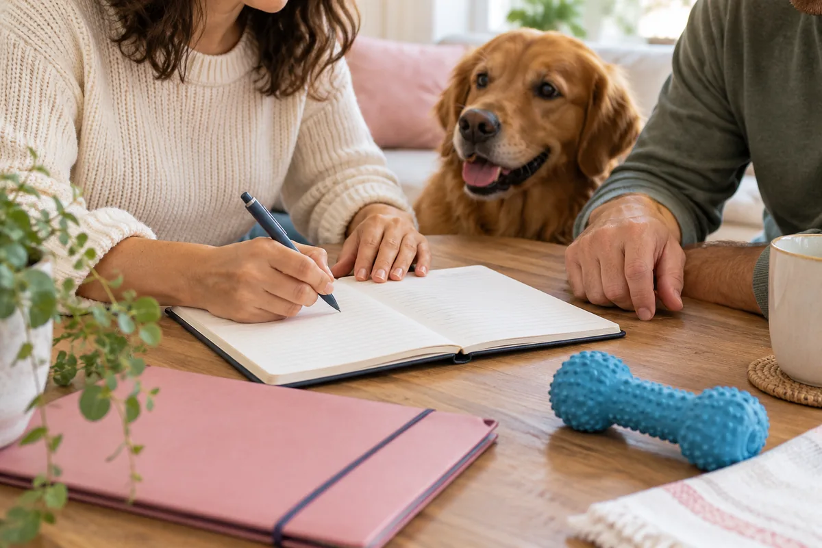 Caregivers review an open notebook with a blue dog toy and care folder beside it.