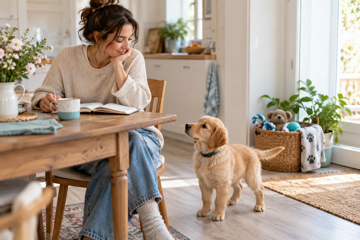 A caregiver sits with an open notebook while a golden puppy looks up at her.