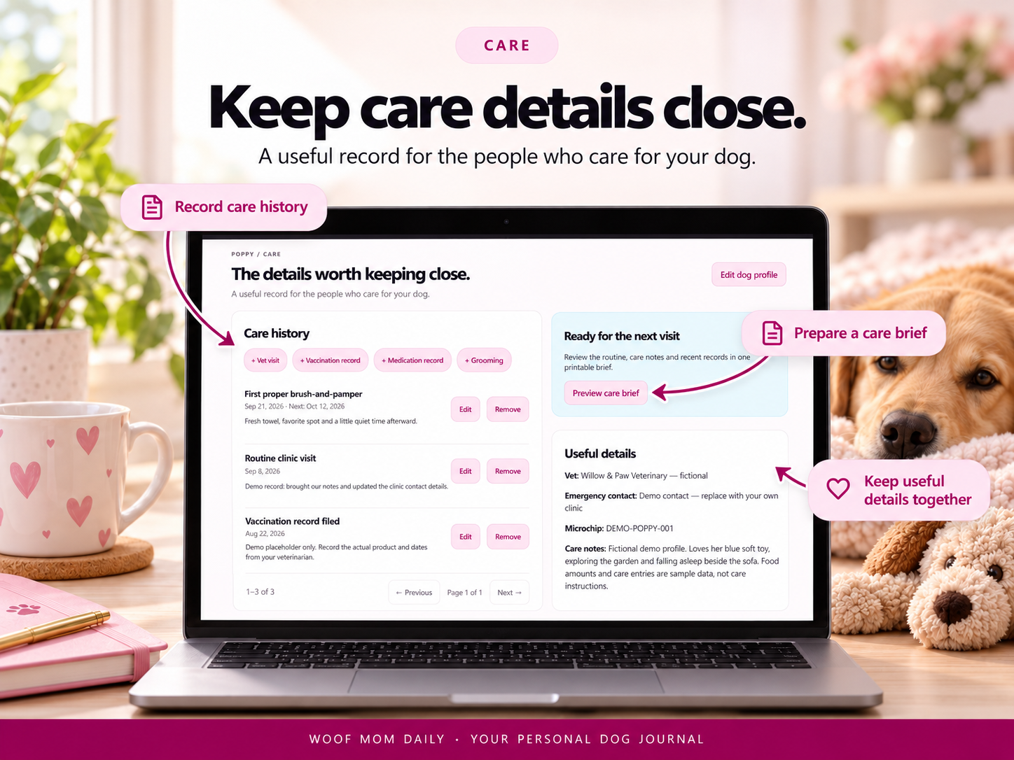 Woof Daily care history, contacts and printable care brief
