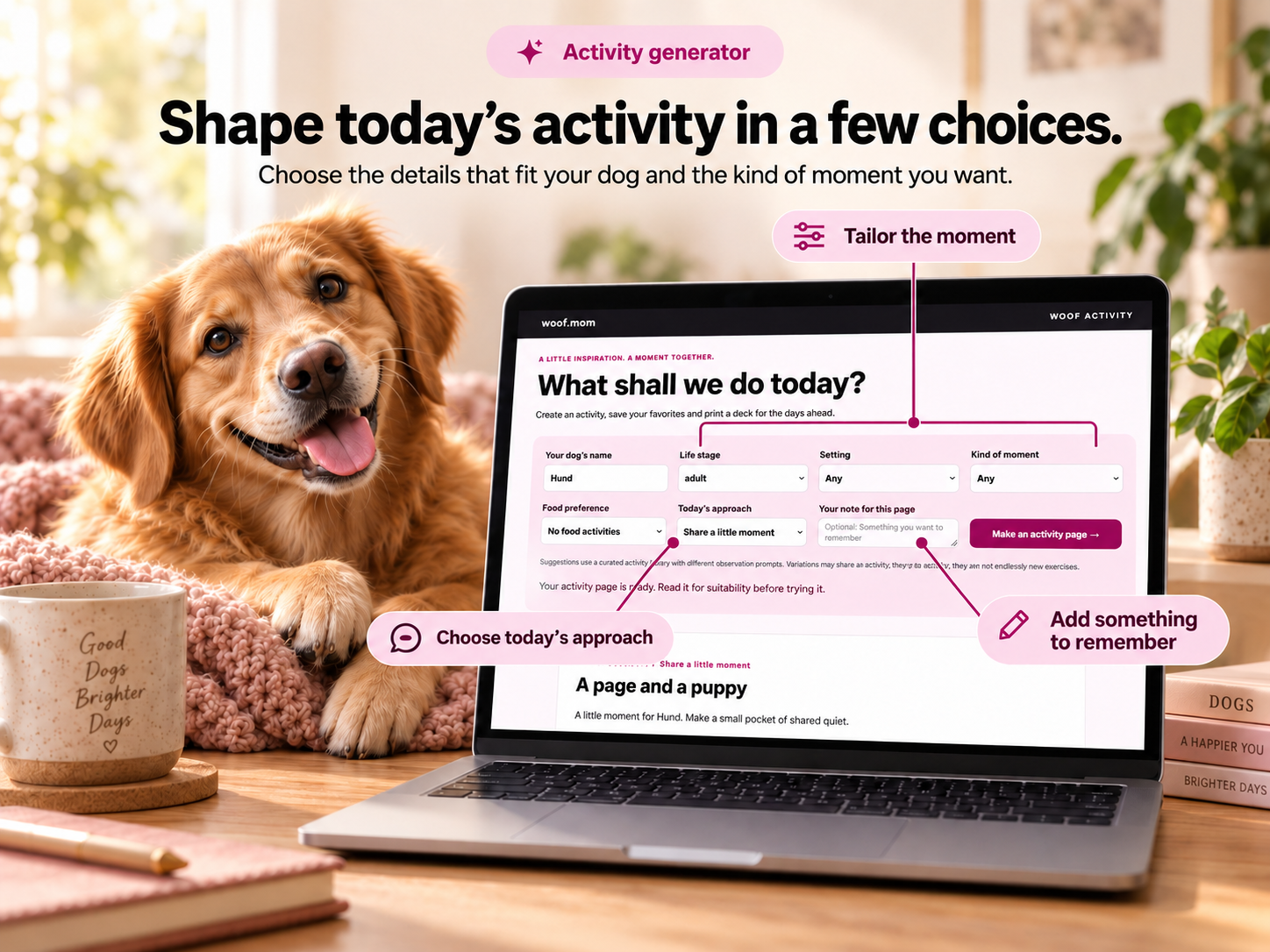 Woof Activity filters for life stage, setting and kind of moment