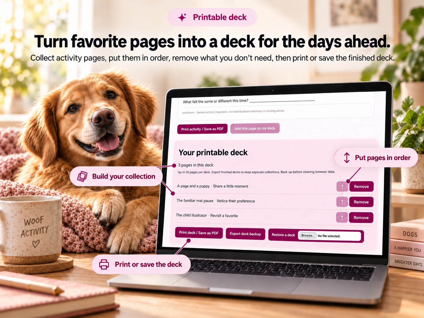 Woof Activity collection of printable pages with deck ordering controls