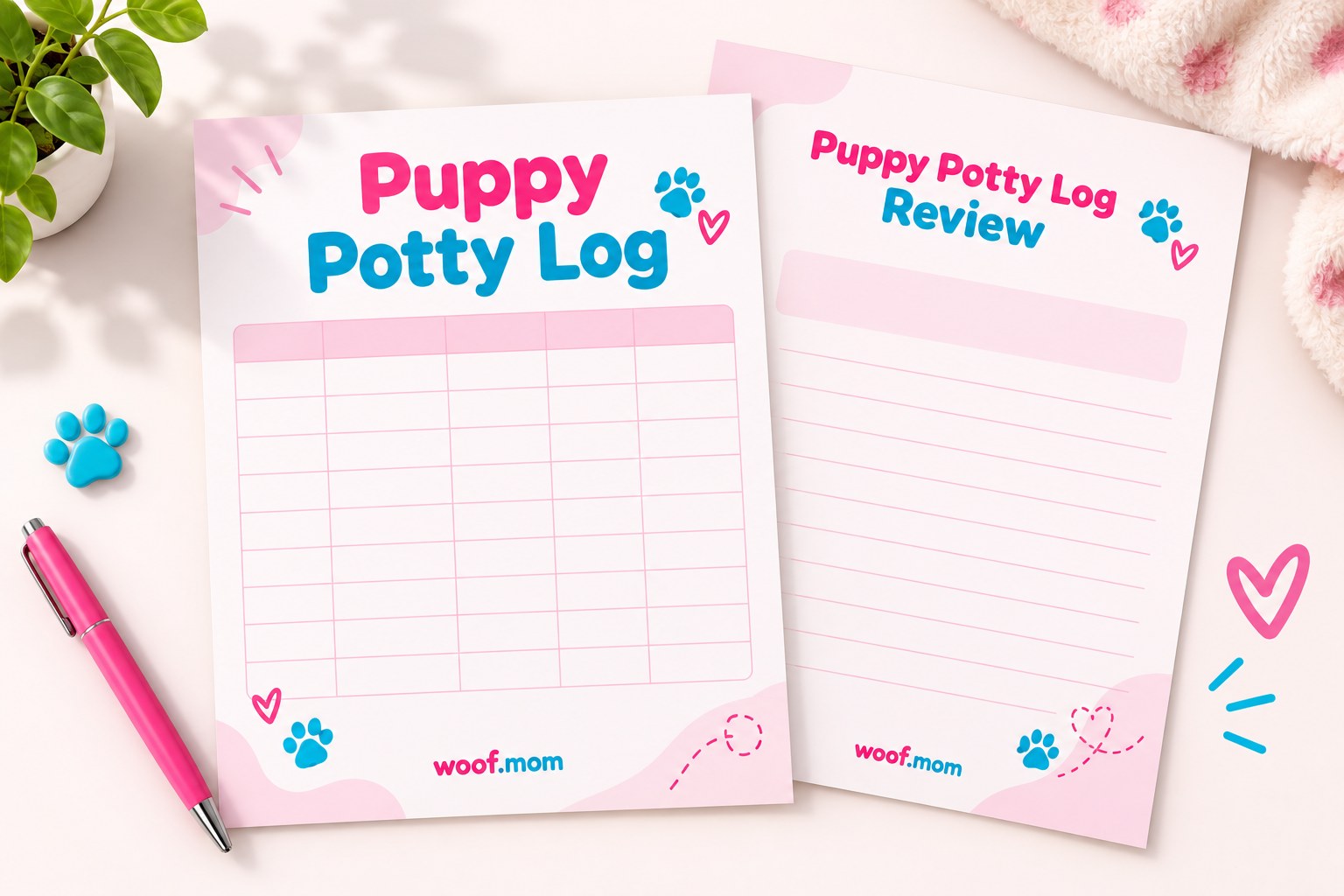 Illustrative two-page Puppy Potty Log printable mockup