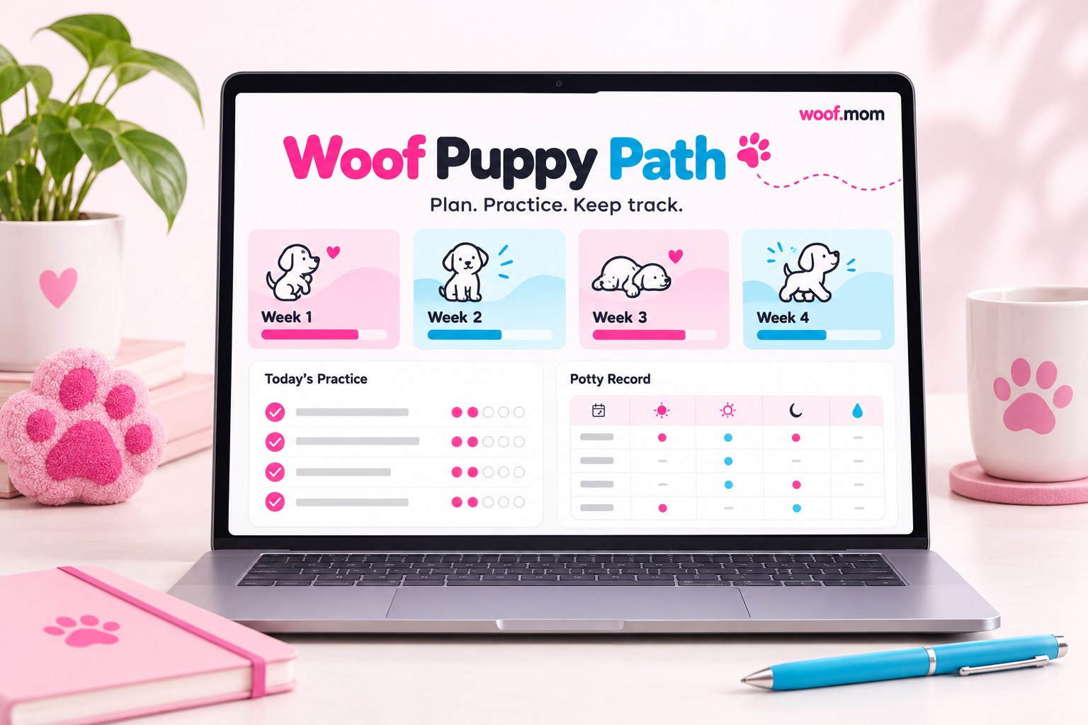 Illustrative Woof Puppy Path training and tracking app mockup