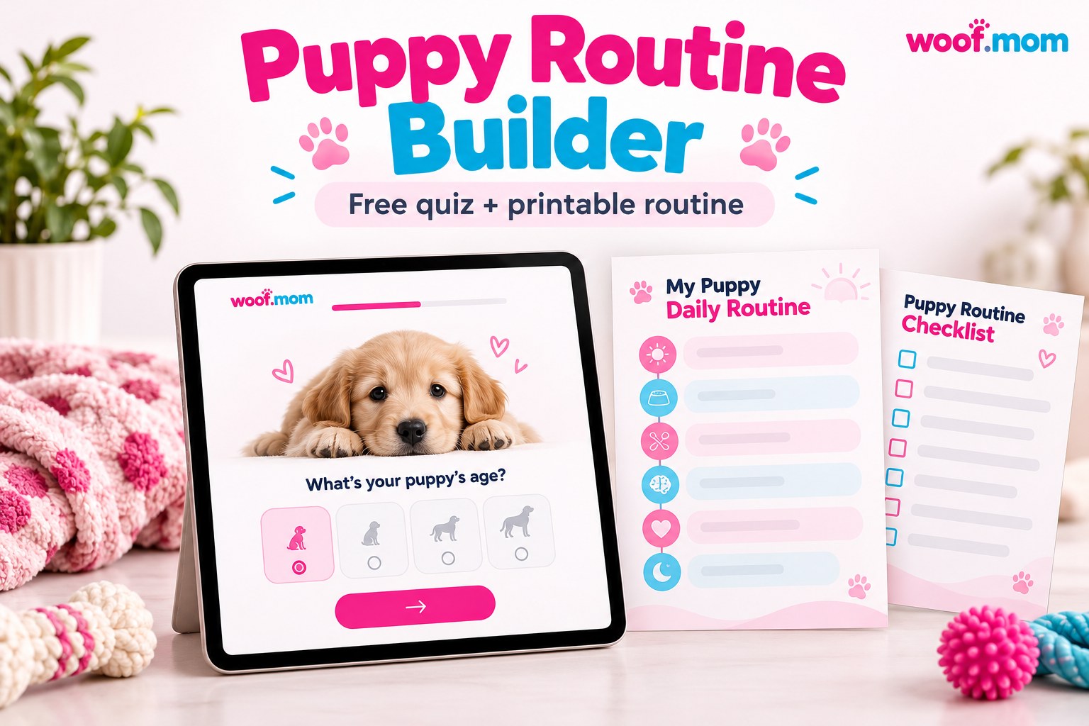 Illustrative puppy routine quiz and printable routine mockup