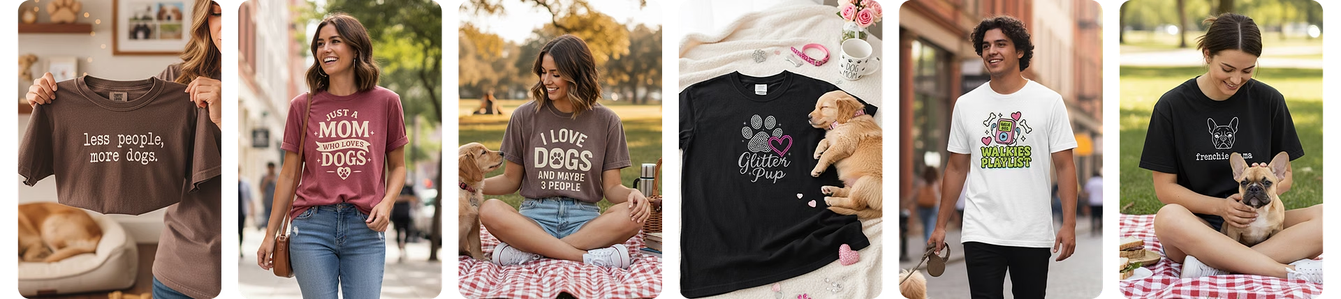A collage of dog-lover T-shirt designs and people wearing them with their dogs