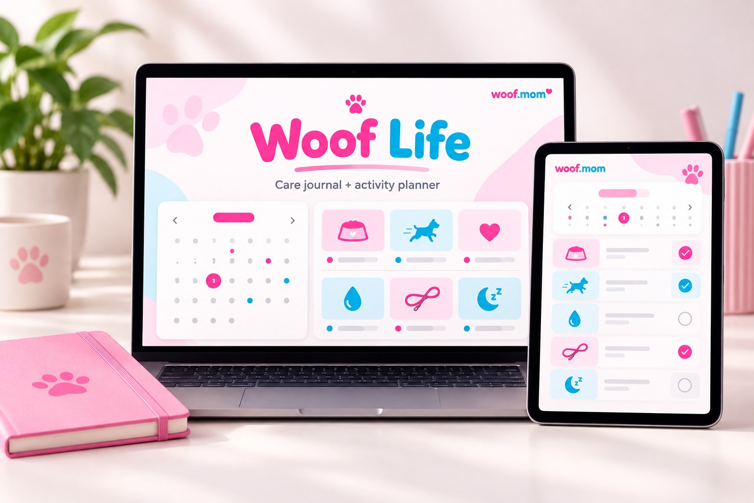 Illustrative Woof Life care-journal and activity-planner mockup